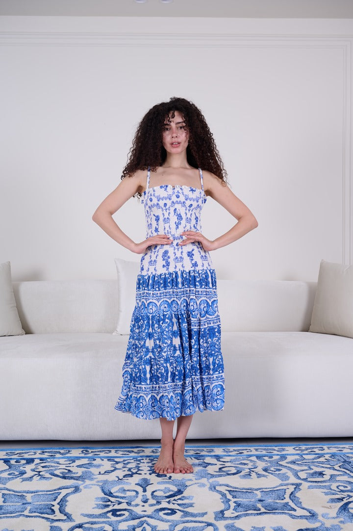 Blue Toile Viscose Midi Dress – My Secret