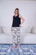 Ecru Printed Viscose Pajama Set with Black Top - My Secret 