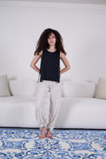 Ecru Dotted Viscose Pajama Set with Black Top - My Secret 