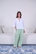 White & Green Printed Cotton Pajama Set - My Secret 