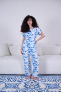 White & Blue Floral Cotton Pajama Set - My Secret 