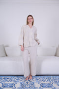 Beige Striped Embroidered Pajama Set - My Secret 